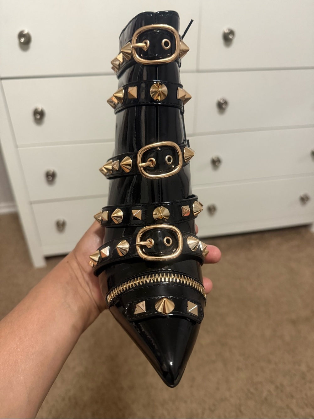 Anne Michelle Black Patent Pointed Toe Bootie with Gold Studs